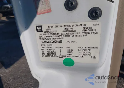 2003 GMC Sierra 1500 Sle z USA, uszkodzony, nr VIN 2GTEC19VX31296865